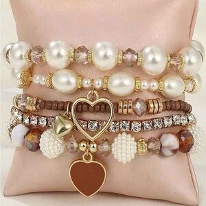 Elegant Gold and Brown Heart Charm Bracelet Set